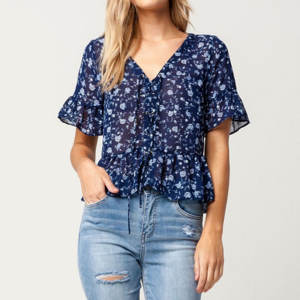 Good Luck Gem Blue Sheer Floral Peplum Top